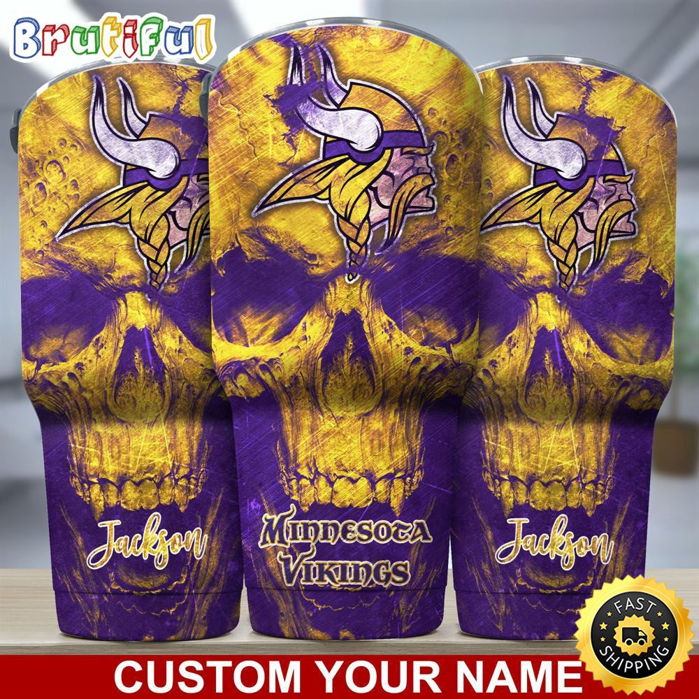 Custom Name NFL Minnesota Vikings Tumbler Skull Pattern For Sports Fan