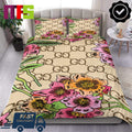 Gucci Colorful Hibiscus Flower In Gucci Guccissima Logo Background Home Decor Bedding Set