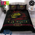 Gucci Lion King Crown GG Monogram Pattern In Black Background Luxury Bedding Set