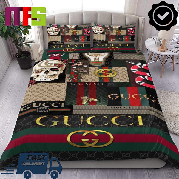 Gucci Multiple Pattern With Skull Snake Mickey And Bee Home Decor Bedding Set