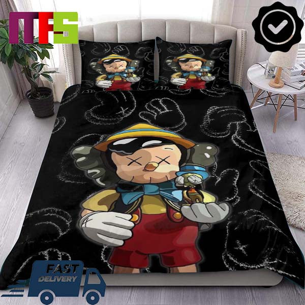 Kaws x Pinocchio And Jiminy Cricket Black Luxury Bedding Set