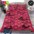 Louis Vuitton Butterfly With Red Pink Background Home Decor Luxury Bedding Set