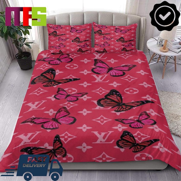 Louis Vuitton Butterfly With Red Pink Background Home Decor Luxury Bedding Set