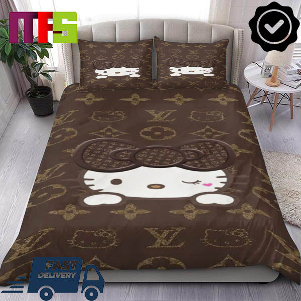 Louis Vuitton Cute Hello Kitty With Brown Logo Pattern Background Luxury Bedding Set