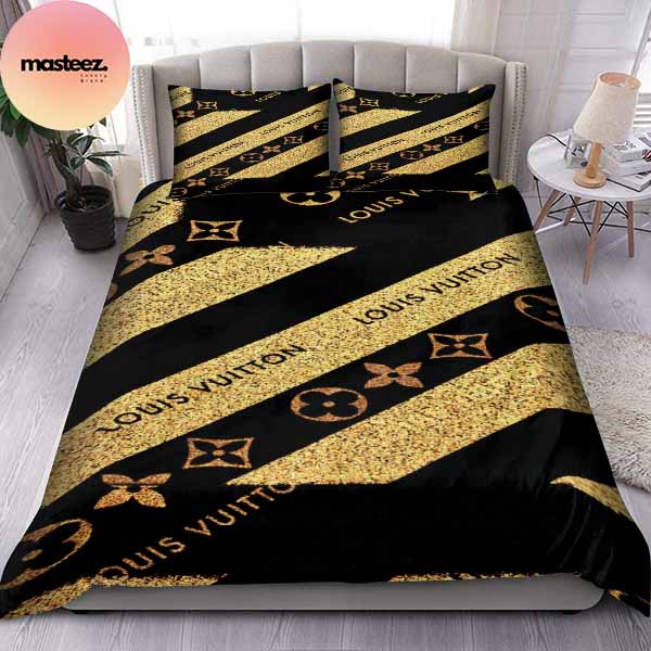 Louis Vuitton Golden Luxury Best Queen Bedding Set