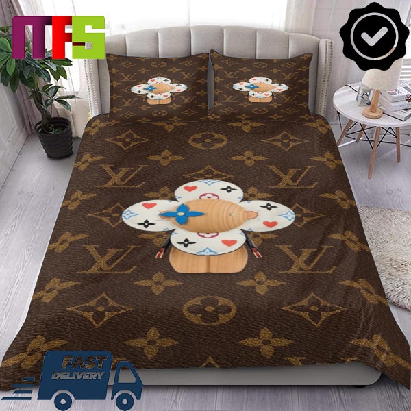 Louis Vuitton Vivienne Giant Monogram With Brown Logo Pattern Background Luxury Bedding Set