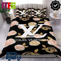 Louis Vuitton White Logo With Pink And Golden Roses Black Background Home Decor Bedding Set