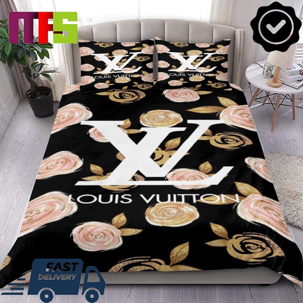 Louis Vuitton White Logo With Pink And Golden Roses Black Background Home Decor Bedding Set