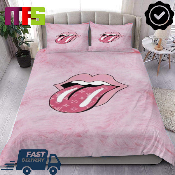 Louis Vuitton x Rolling Stones Logo With Pink Fur Pattern Luxury Bedding Set