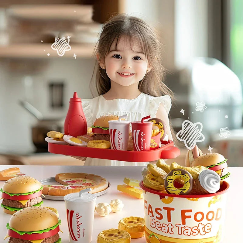Kid Kitchen Toy Set Simulation Make Hamburger Pizza Fries Pretend Play Food Cooking Cutting Game Montessori Interactive Toy Gift
