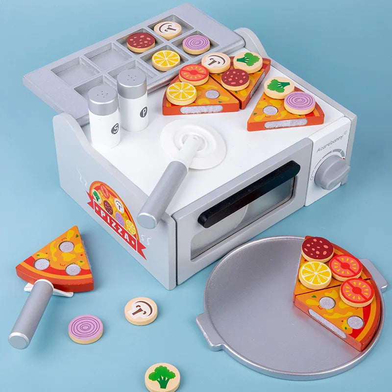 Kids Simulation Food Kitchen Toys Wooden Pizza Cutting Pretend Play House Oven BBQ Rack Set Children Educational Cooking Toys