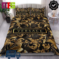 Versace Barocco Black And Gold Flower Leaves With Text Luxury Bedding Set