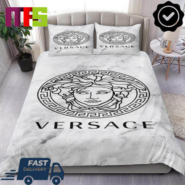 Versace Big Medusa Logo Black And White Marbel Pattern Home Decor Bedding Set