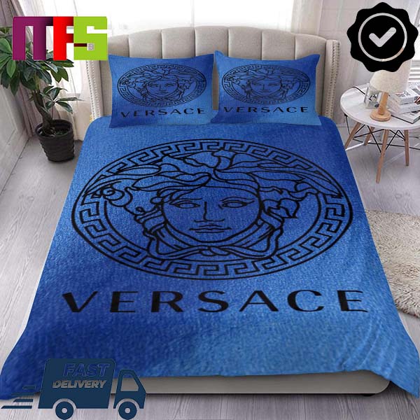 Versace Black Logo Medusa With Royal Blue Background Luxury Bedding Set
