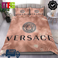 Versace Bronze Pink With Black Medusa Logo Text Luxury Bedding Set