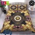 Versace Golden Lions Bells Logo With Pink Flowers Luxury Bedding Set