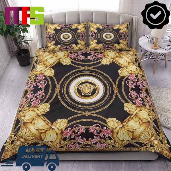 Versace Golden Lions Bells Logo With Pink Flowers Luxury Bedding Set