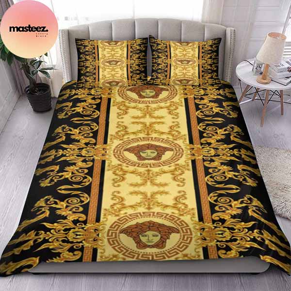 Versace Golden Logo Luxury Black Background King Bedding Set