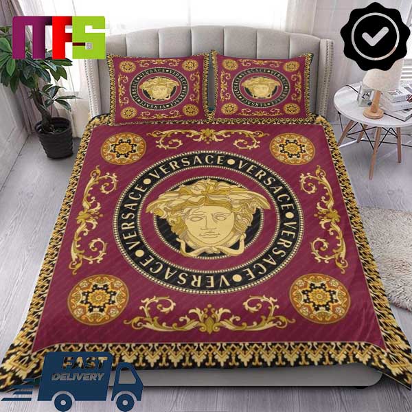 Versace Logo With Text Golden Greek Key Pattern Red Home Decor Bedding Set