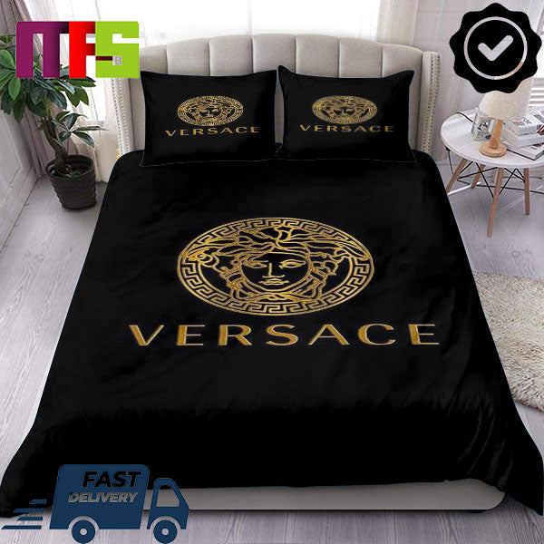 Versace Simple Signature Logo In Black Background Home Decor Bedding Set