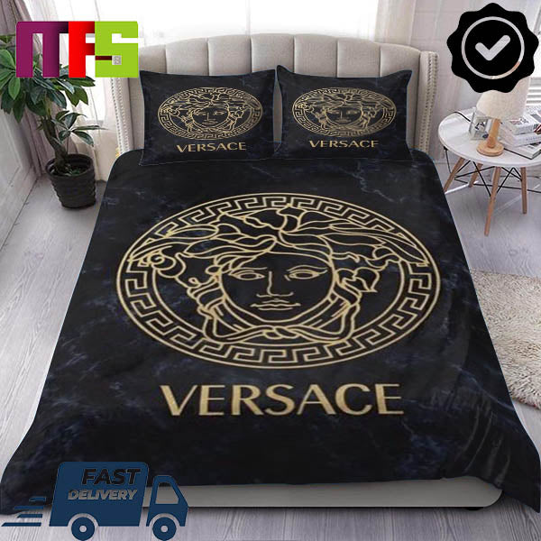 Versace Storm Marble Pattern With Gold Logo Medusa Luxury Bedding Set
