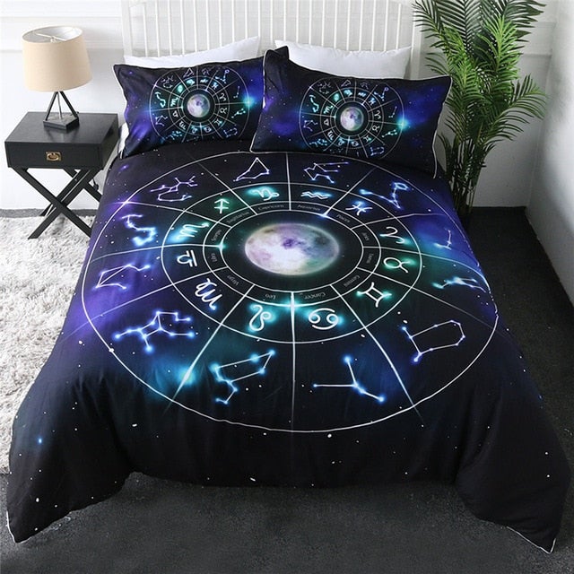 Astrology Duvet Cover Bedding Set with Moon and Stars, 2 Pillowcases