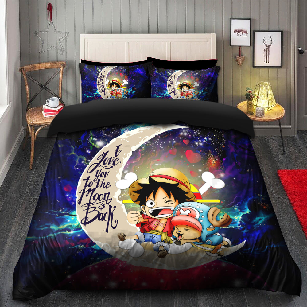 Anime Chibi Luffy and Chopper One Piece Love You to the Moon Galaxy Bedding Set for Kids – Duvet Cover and 2 Pillowcases