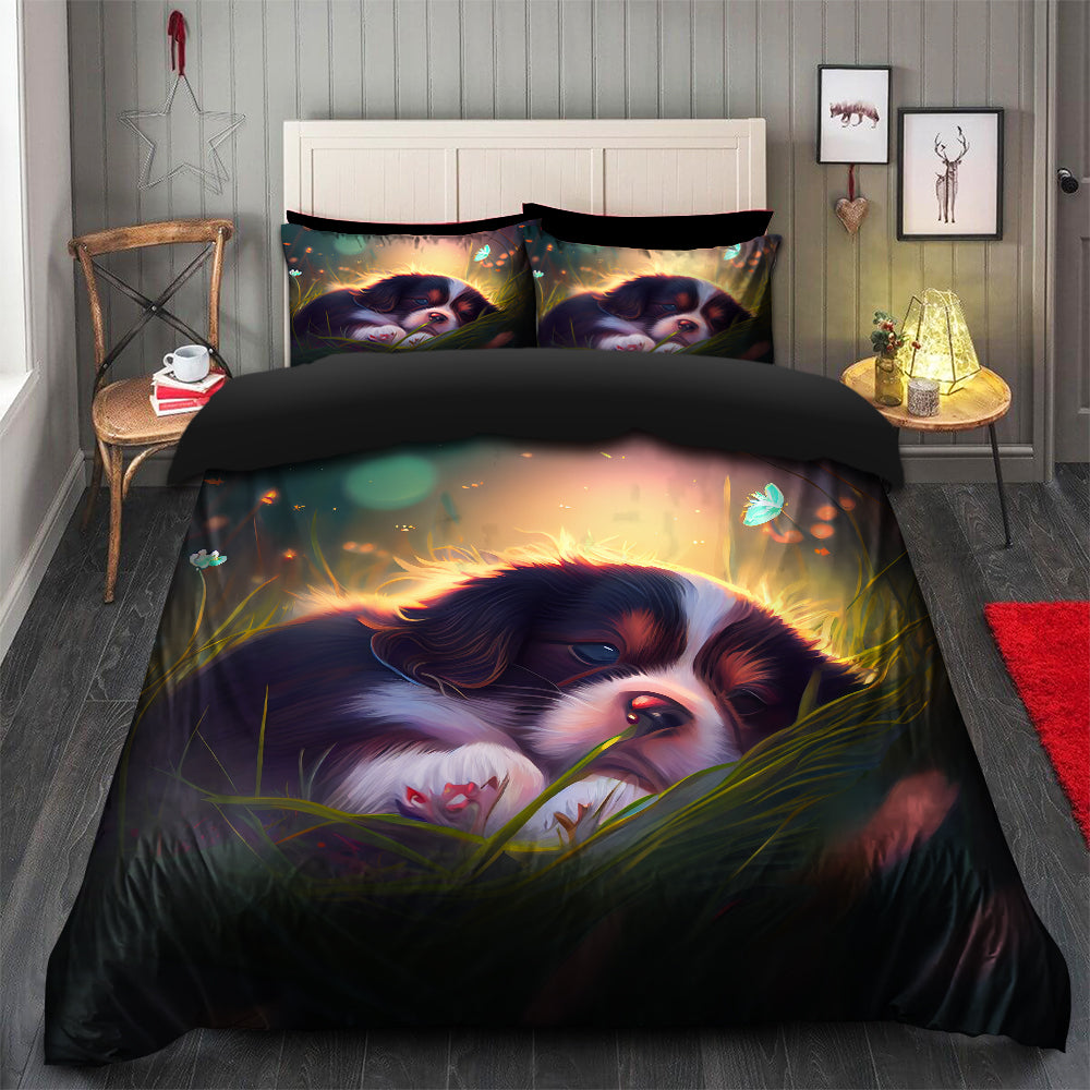 Cute Puppy Fireflies Bedding Set with Duvet Cover and 2 Pillowcases